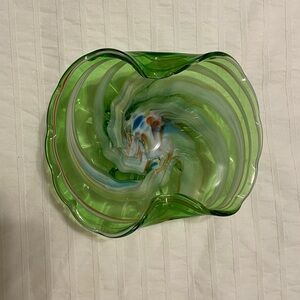 Vintage Hand Blown Green Swirl Lutetian Art Glass Bowl